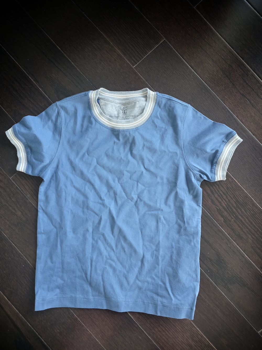 Brunello Cucinelli Light Blue Short Sleeve Tee with Trim boys kids